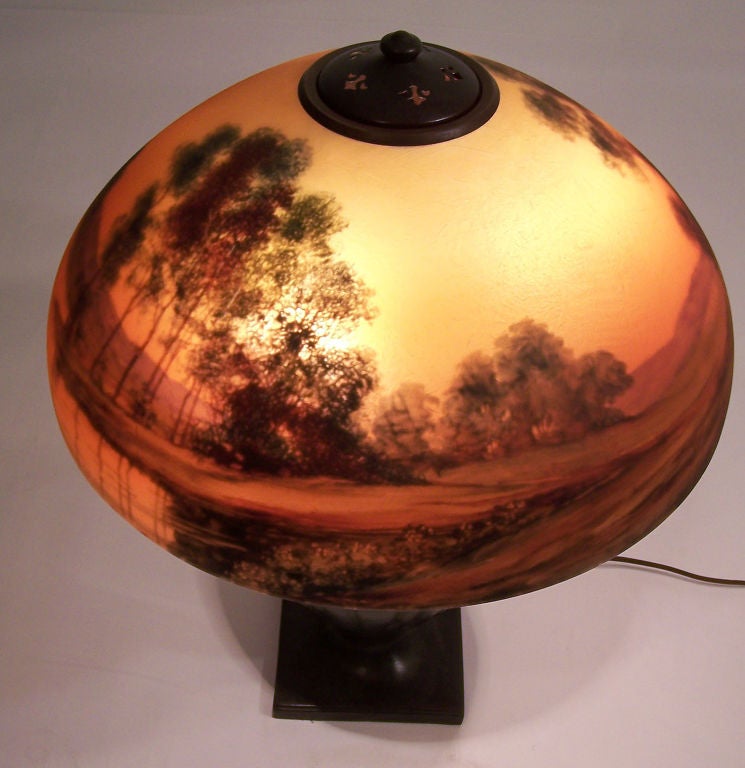 American Bronze Lamp Base with Hand Painted Handel Lamp Shade