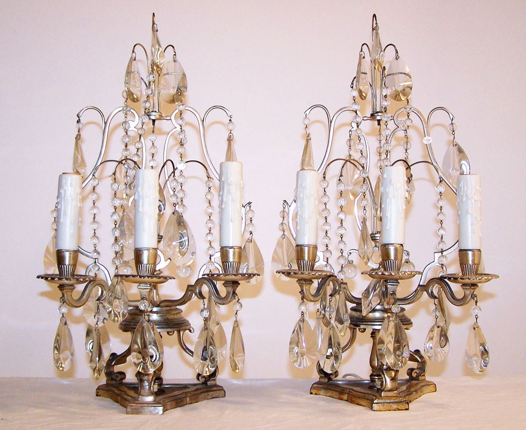 Silvered Pair of Silver-Plated Girandoles Table or Mantle Lamps, Early 20th Century For Sale