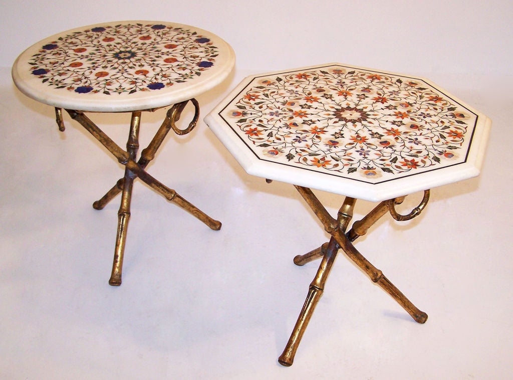 Two Gilt Faux Bamboo and Inlaid Stone Side Tables