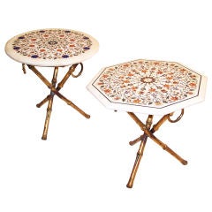 Two Gilt Faux Bamboo and Inlaid Stone Side Tables