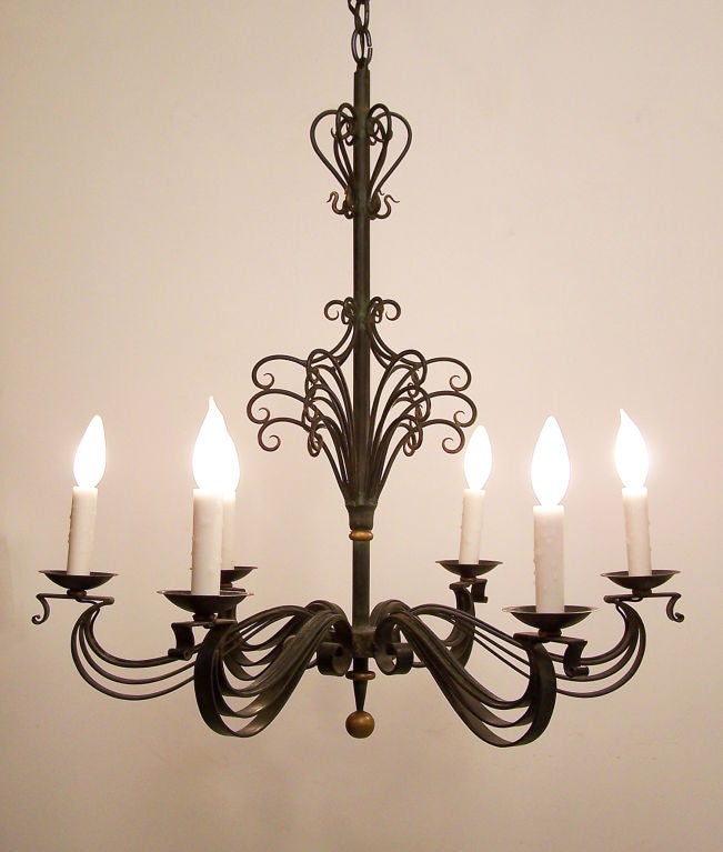 French Wrought Iron Chandelier Light Fixture In Excellent Condition For Sale In San Francisco, CA
