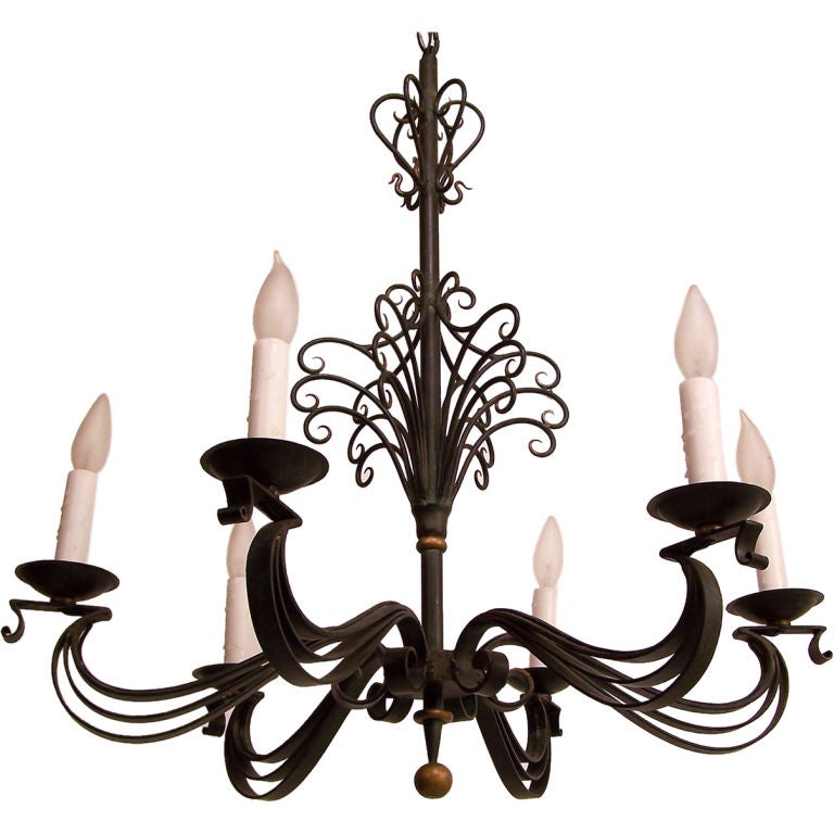 Hollywood Regency style six arm chandelier light fixture. All hand wrought iron with a verdigris bronze finish. Exceptional design and having the quality of Maison Jansen or Maison Baques. Newly rewired, holds chandelier size lightbulbs. France,