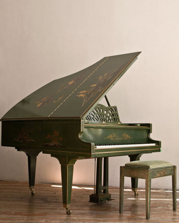 Rare and fine Schiedmayer baby grand art-case piano with chinoiserie and matching bench.<br />
History:The Schiedmayer family has been manufacturing famous keyboard instruments for more than 250 years. Balthasar Schiedmayer built his first