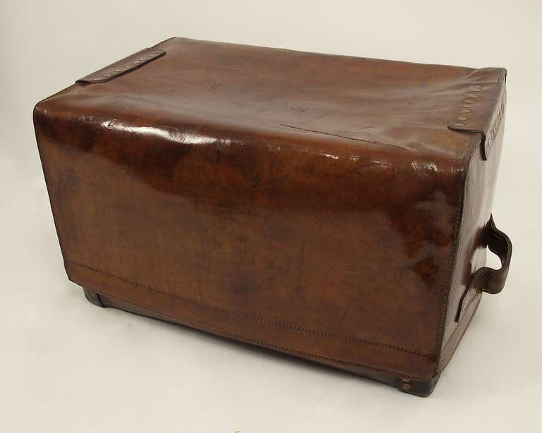 Unusual and possibly one of a kind custom made very large leather trunk with original fabric lining. Beautiful age and wear to the leather. 
Mid 19th century, most likely English.