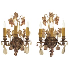 French Amethyst Glass And Brass Wall Sconces