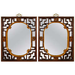 Pair of Rosewood and Satinwood Lattice Panel Framed Mirrors