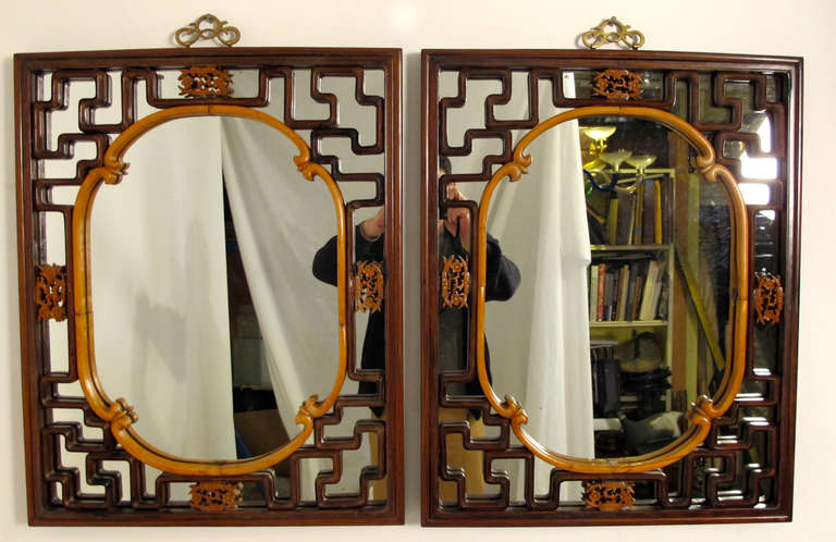 Pair of Rosewood and Satinwood Lattice Panel Framed Mirrors