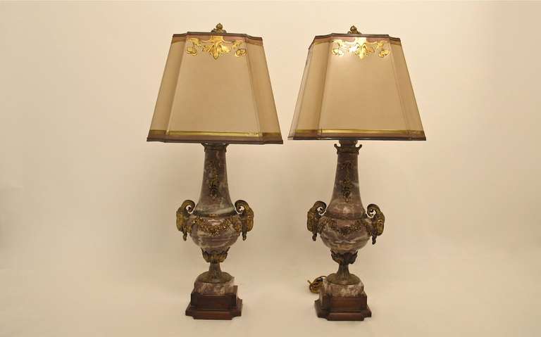 A pair of rouge marble lamps with finely cast gilt bronze mounts and elaborate custom-made shades. France, 19th century.