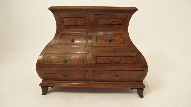 Walnut Miniature Commode/Chest of Drawers with Burl Walnut inlay on the drawer front and top of the chest.  German, Circa 1760.