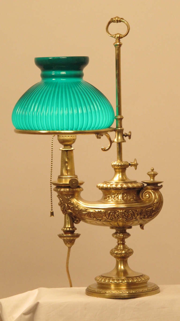 19th Century Brass Student or Desk Lamp with Green Ribbed Shade