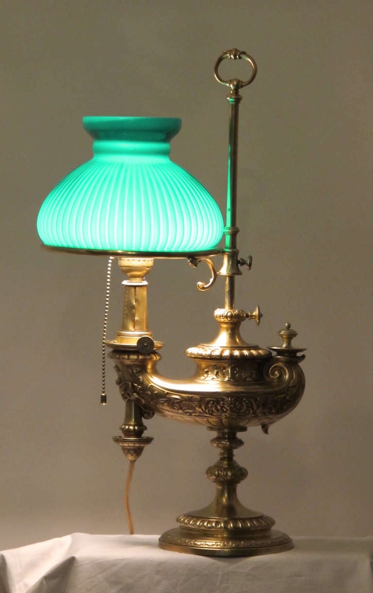 Brass Student or Desk Lamp with Green Ribbed Shade In Excellent Condition In San Francisco, CA
