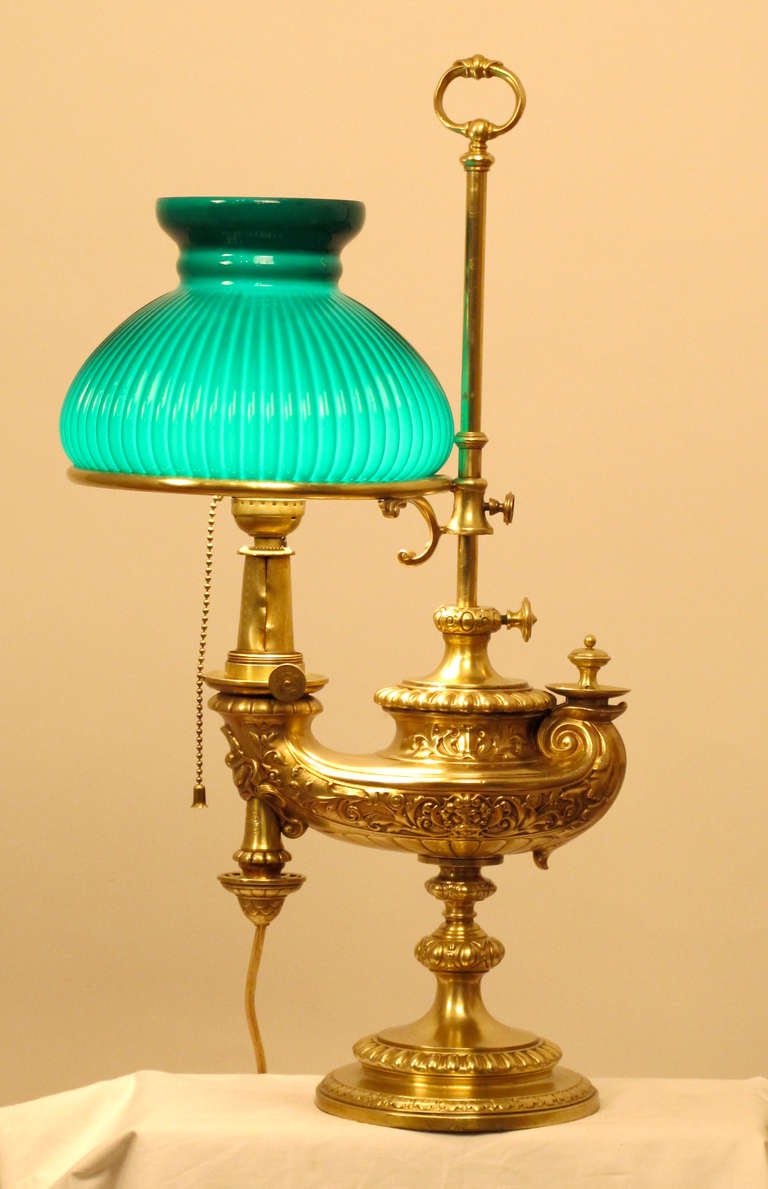 German Brass Student or Desk Lamp with Green Ribbed Shade
