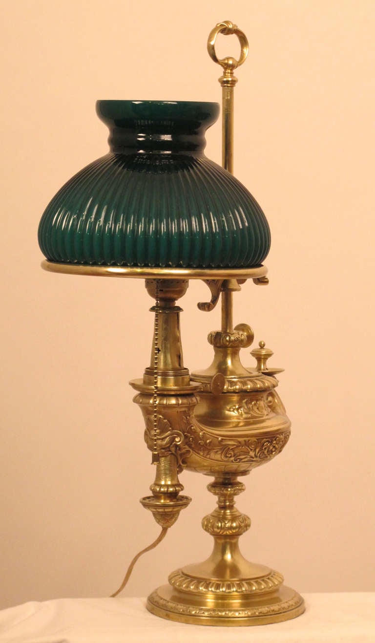 Victorian Brass Student or Desk Lamp with Green Ribbed Shade