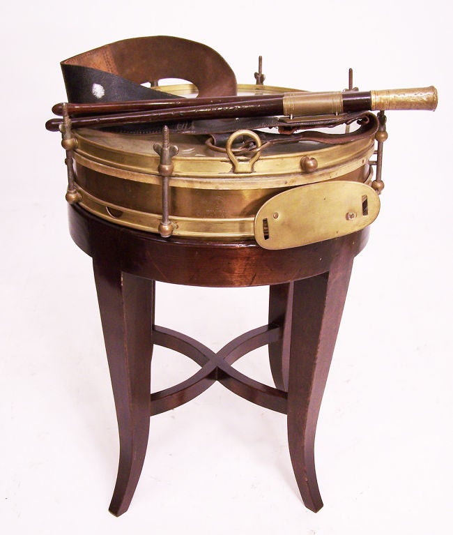 19thC brass military snare drum on later custom made base, has glass insert on the top.
