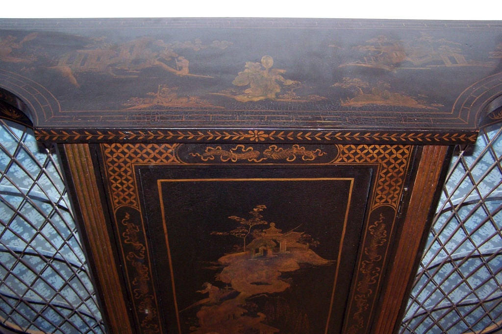 Ebonized Chinoiserie Painted and Gilt Console Cabinet with Bronze Grates