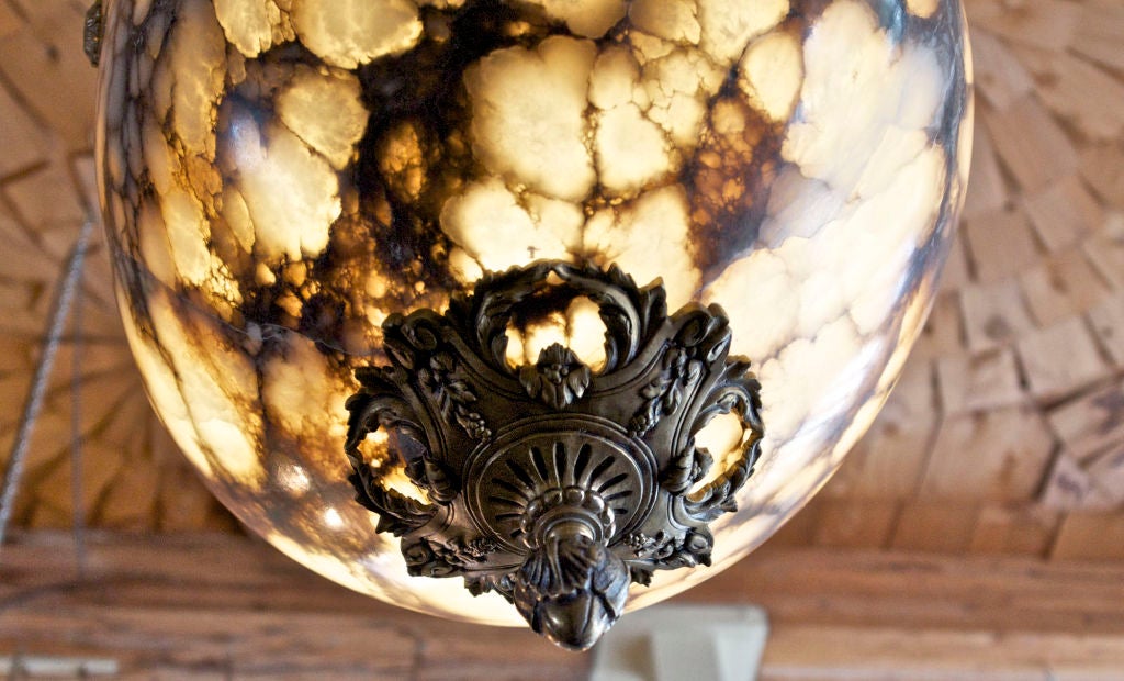 Organic Modern Large Hand-Carved Alabaster Light Fixture with Antique Bronze Hardware For Sale