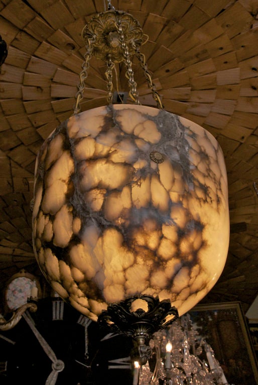 Large Hand-Carved Alabaster Light Fixture with Antique Bronze Hardware In Good Condition For Sale In San Francisco, CA