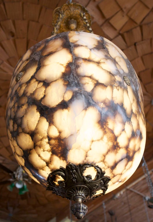 20th Century Large Hand-Carved Alabaster Light Fixture with Antique Bronze Hardware For Sale