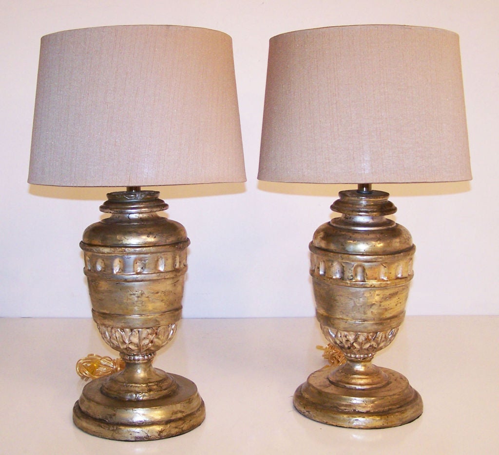 European 18th Century Silver Gilt Wood Urn Lamps For Sale
