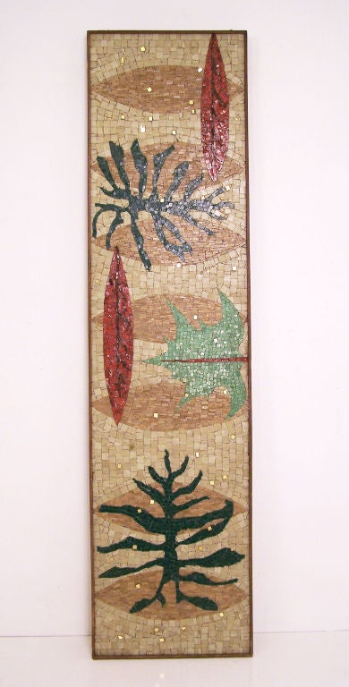 Glass mosaic wall hanging in its original simple wood frame. Signed on the back: Made by the Deiderich Family, Richard, Inez, Sue, Karen and Rickey 1959, Los Angeles, Ca. Can be hung horizontal or vertical.