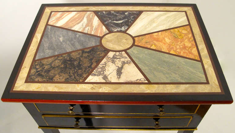 Pair of Black Lacquer and Faux Marble Topped Side Tables