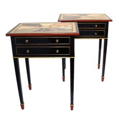 Pair of Black Lacquer and Faux Marble Topped Side Tables