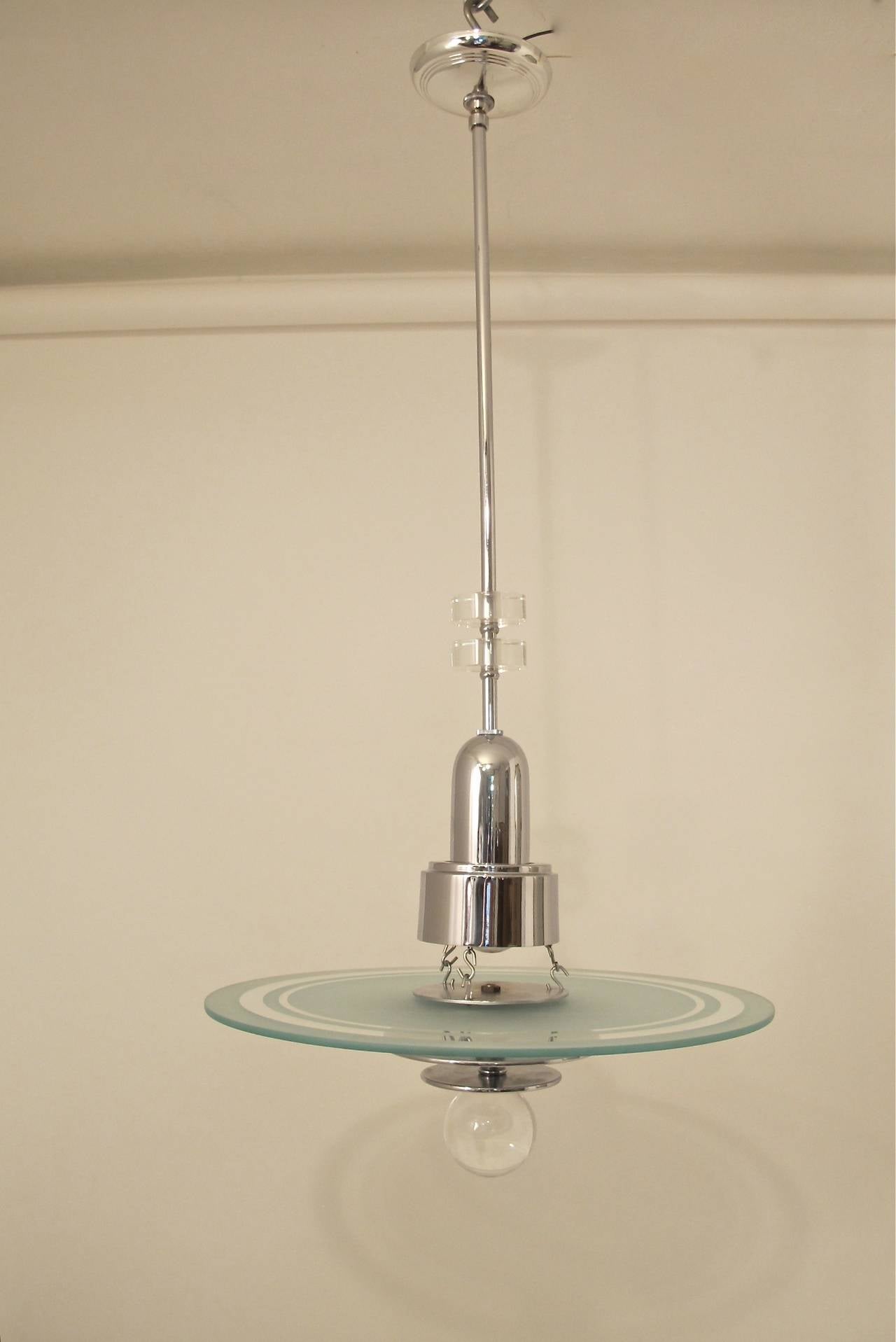 American Mid-Century Deco Streamline Moderne Style Chrome and Glass Ceiling  Fixture 