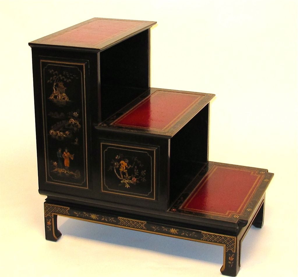 Extremely decorative end or side table made in the form of 18thC English library or bedside steps. Lacquered and painted, very nice quality.