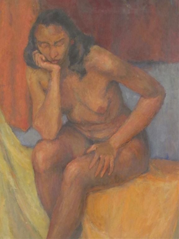 Peinture à l'huile sur toile d'une femme nue, non encadrée. Bonnes couleurs et composition. Signé Ritman sur le châssis arrière, début ou milieu du 20e siècle, américain.
