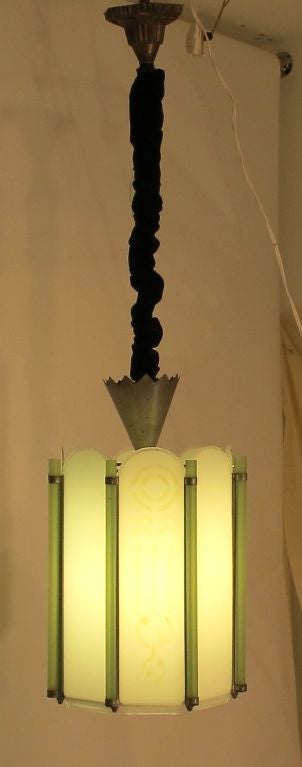 Art Deco Light Fixture with Frosted Beveled Glass Panels with Green Glass Rods In Excellent Condition In San Francisco, CA