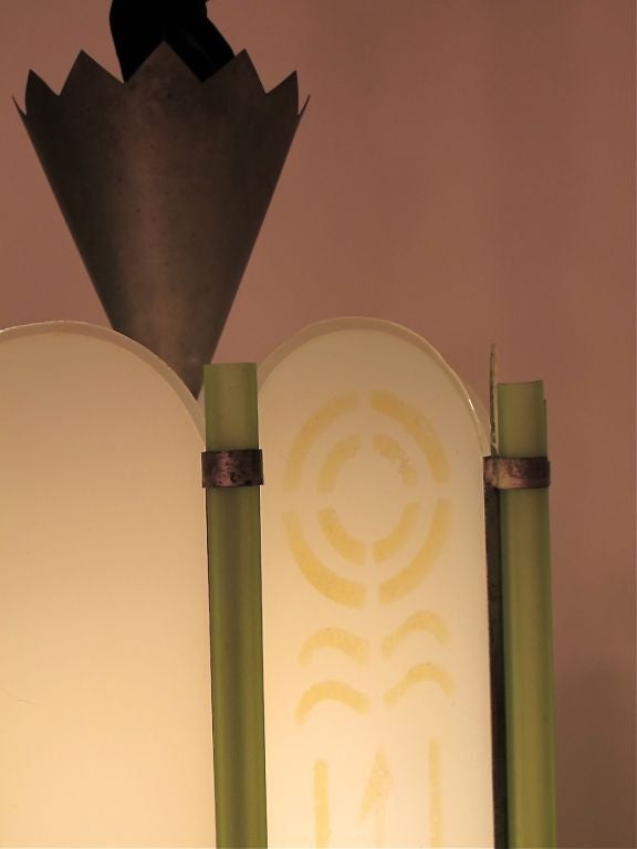 20th Century Art Deco Light Fixture with Frosted Beveled Glass Panels with Green Glass Rods