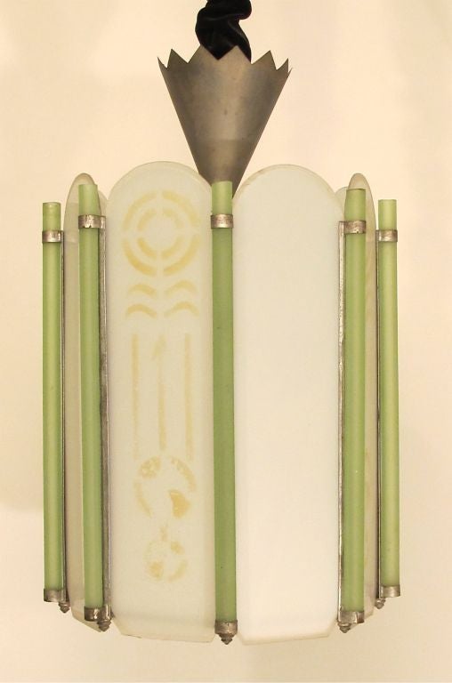 American Art Deco Light Fixture with Frosted Beveled Glass Panels with Green Glass Rods