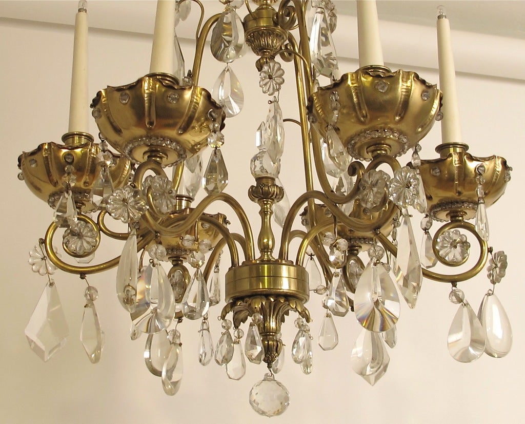 Fine quality brass, crystal and glass six arm chandelier in the manner of Maison Bagues. Recently re-wired. France, mid 20th century.