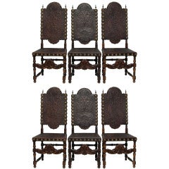 Antique Set of Six Tooled Leather Dining Chairs