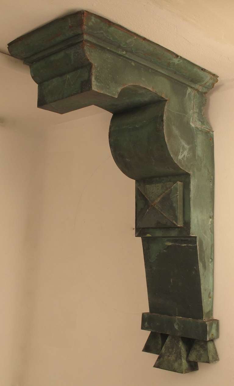 Large scale copper architectural elements with original wonderfully aged patina. Show expected signs of weather and age.