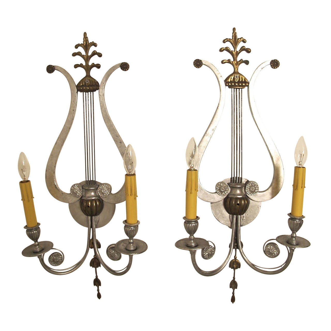 Pair of Lyre Shaped Silver Sconces For Sale