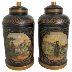 Antique Painted Tea Canister Lamps, England 19th Century