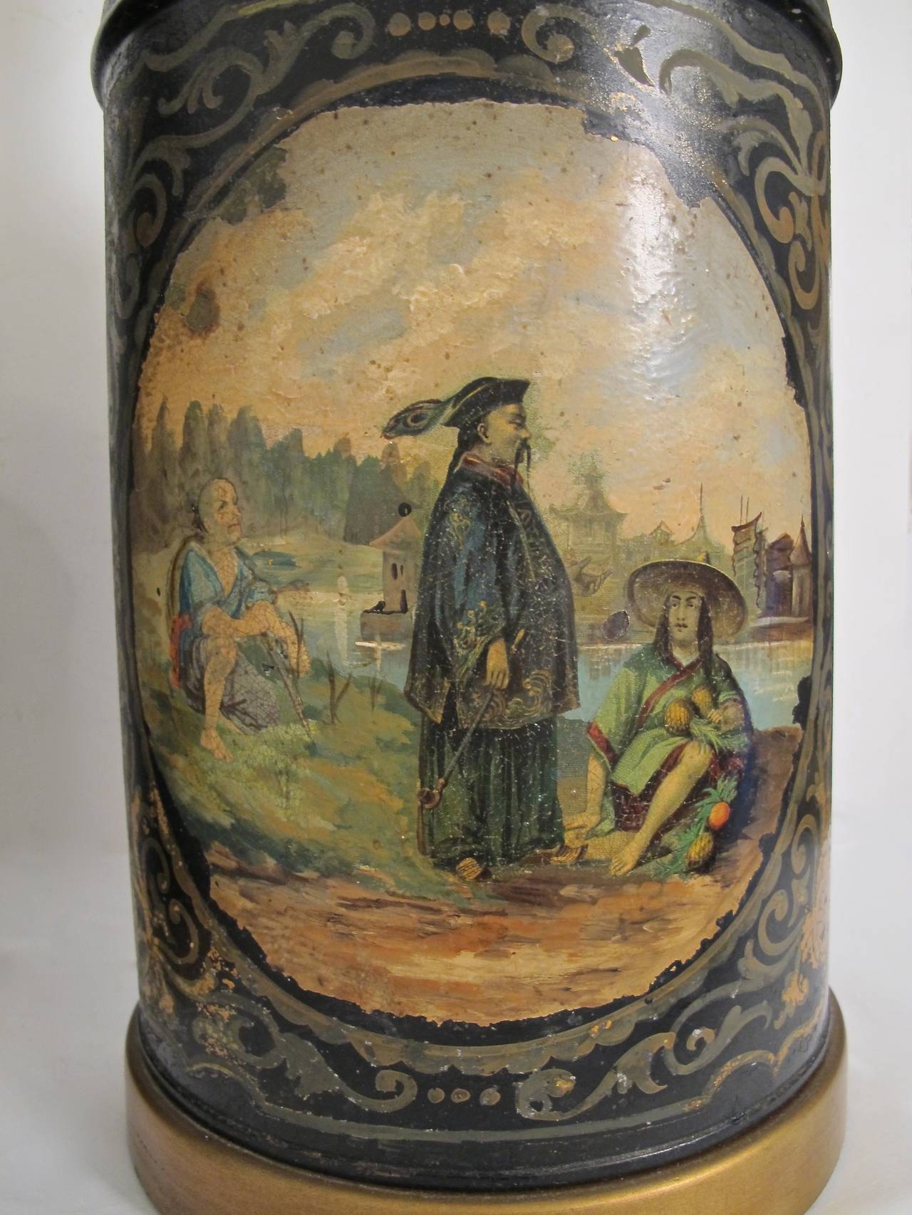 Hand-Painted Antique Painted Tea Canister Lamps, England 19th Century