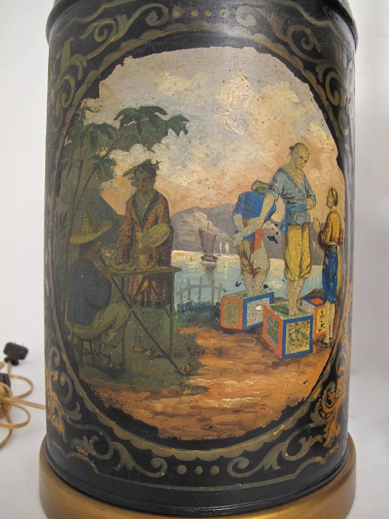 Antique Painted Tea Canister Lamps, England 19th Century In Excellent Condition In San Francisco, CA