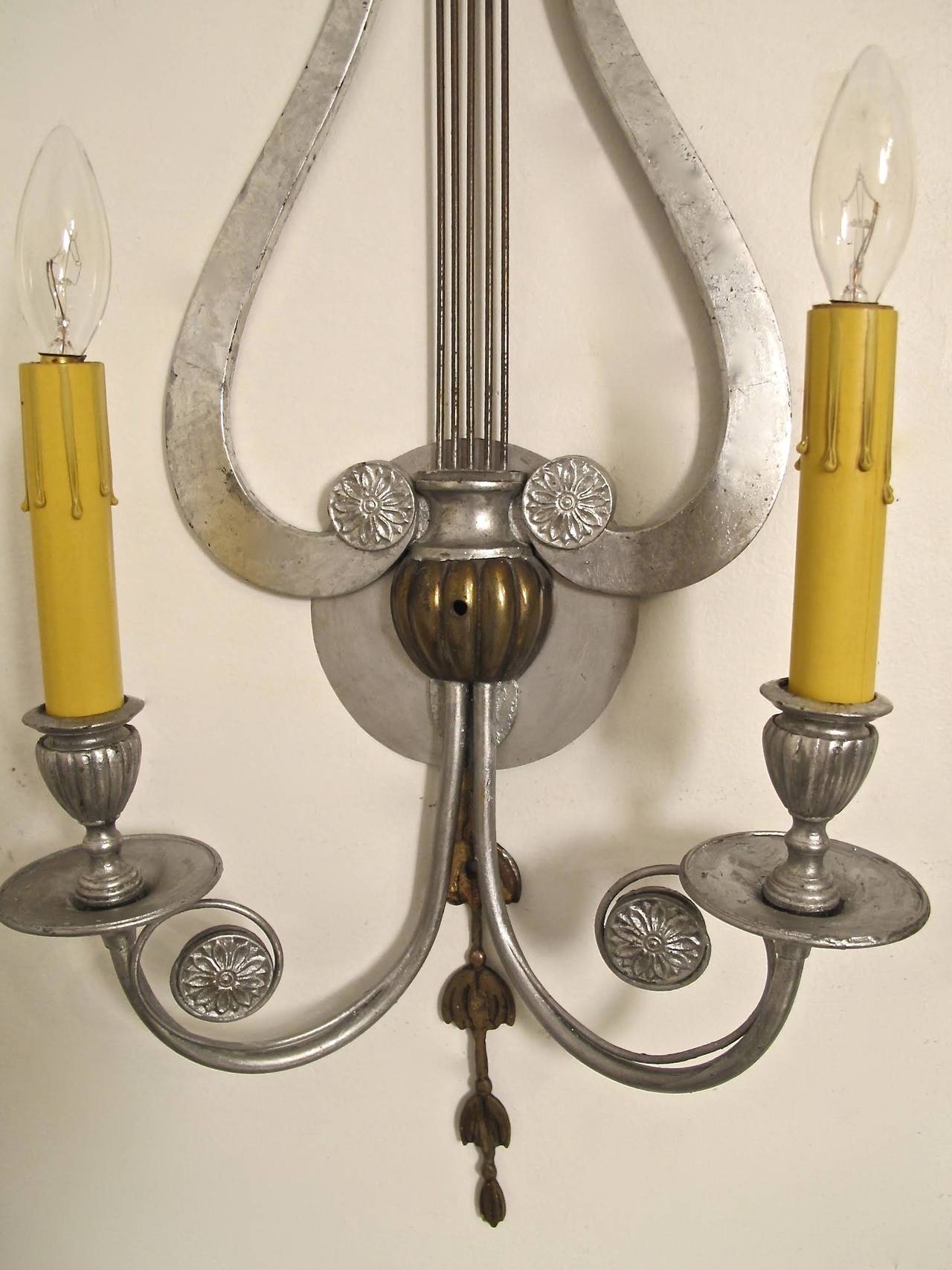 Neoclassical Pair of Lyre Shaped Silver Sconces For Sale