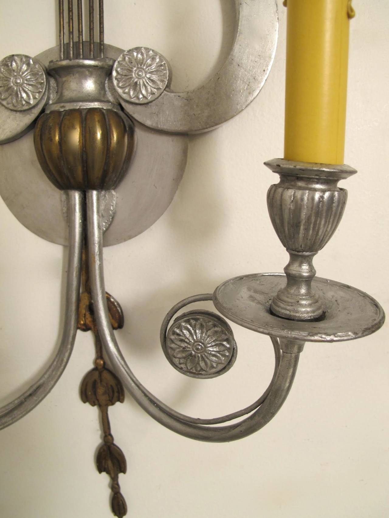 American Pair of Lyre Shaped Silver Sconces For Sale