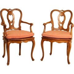 Pair of Italian Carved Walnut and Caned Armchairs