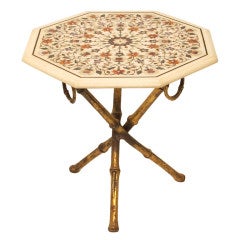 Faux Bamboo Side Table with Inlaid Stone Top