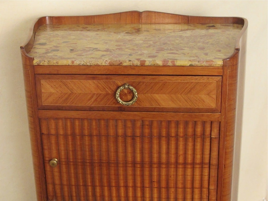 Hand-Crafted French Mahogany and Tulipwood Side Cabinet Table with Marble Top For Sale