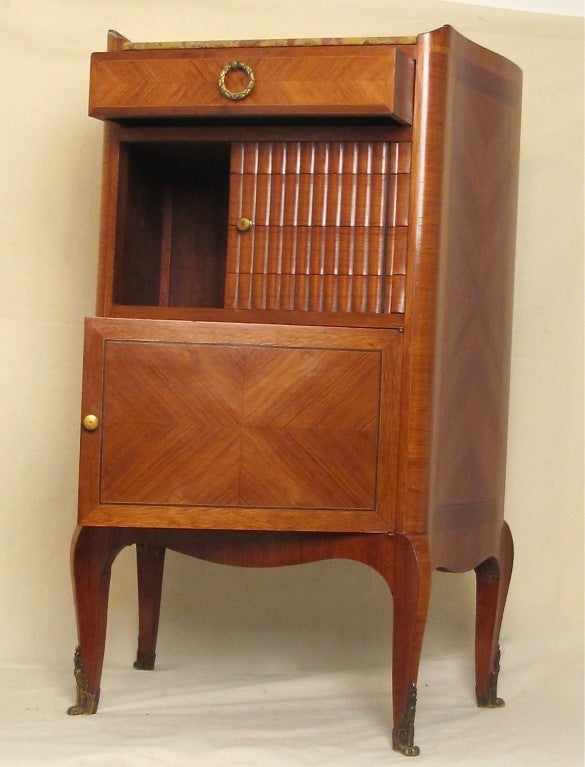 French Mahogany and Tulipwood Side Cabinet Table with Marble Top In Excellent Condition For Sale In San Francisco, CA