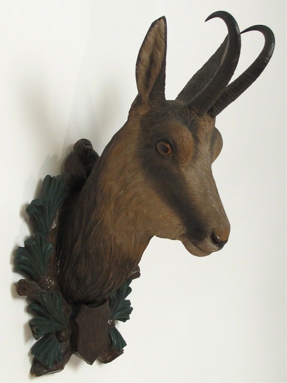Alpine Chamois (mountain goat) wall mount. Carved wood with original paint and finish. Extremely well done and with wonderful detail.