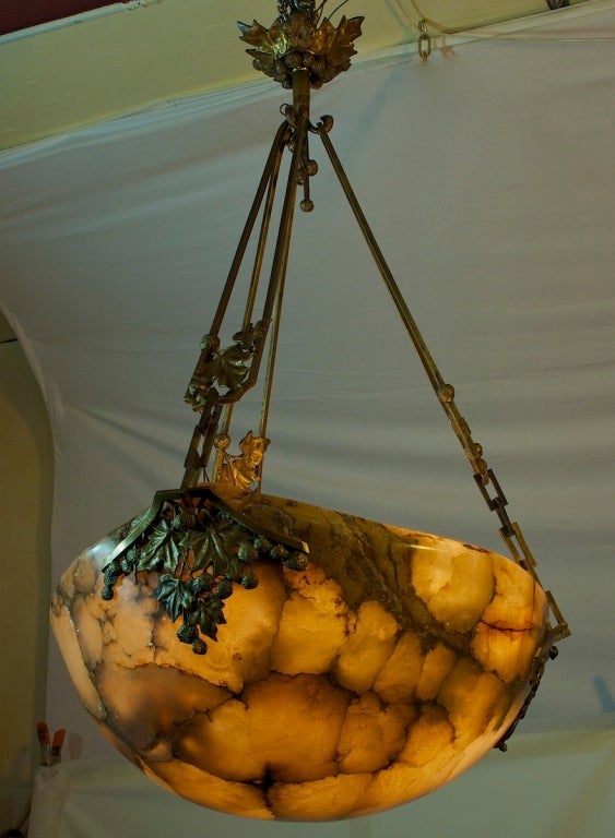 Hand-Carved Monumental Alabaster and Bronze Pendant Light Fixture 