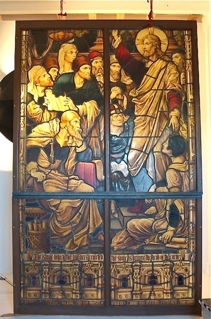 Magnificent pre-Raphaelite style (and of the period) stain glass church window of Jesus with the Pharisees.  From a Scottish Church, Dated 1881.
