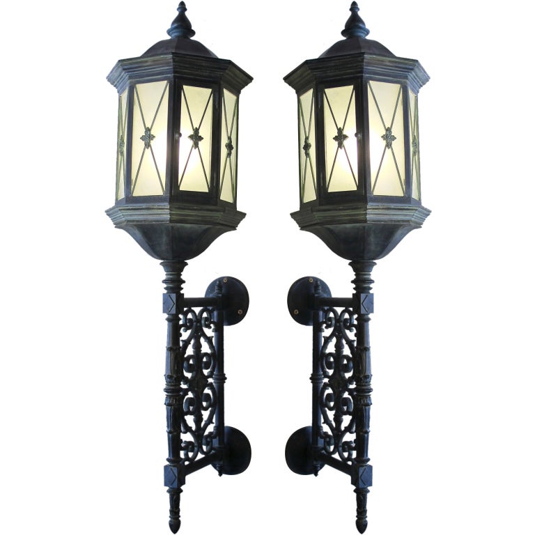 Pair of Large Baroque Style Cast Iron Lanterns, American, Early 20th Century