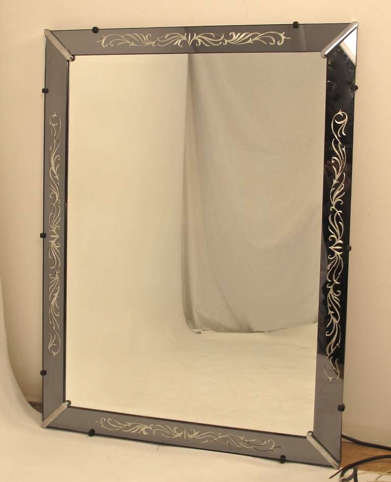Mid-Century Modern Etched and Smoked Glass Mirror For Sale